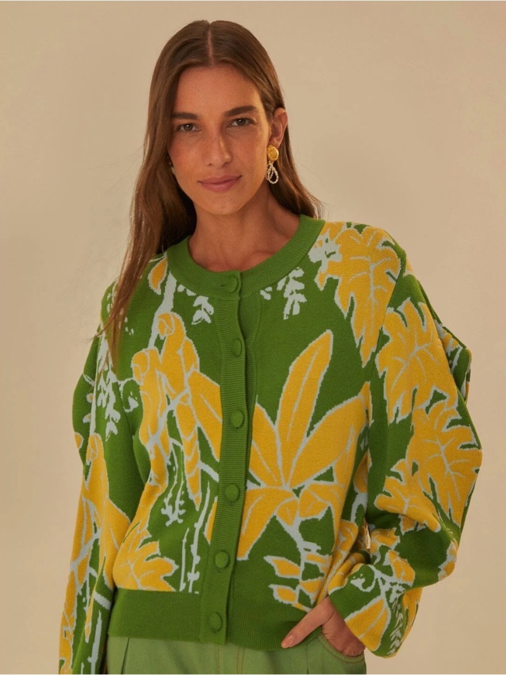 FARM Rio Green and Yellow Floral Button-Up Cardigan